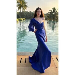 ELLE ZEITOUNE Royal Blue One Shoulder Puffed Sleeve Charles Side Slit Gown L